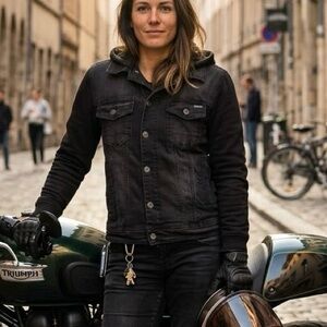 Jeaniologie Black Hooded Denim Jacket Hybrid Streetwear Grunge Punk Moto Goth